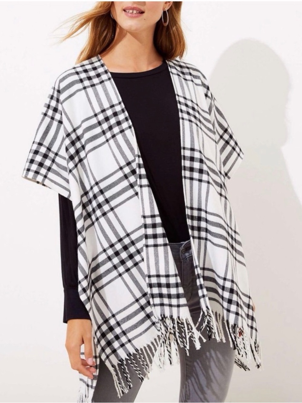NWT loft whisper white plaid poncho wrap size M/L